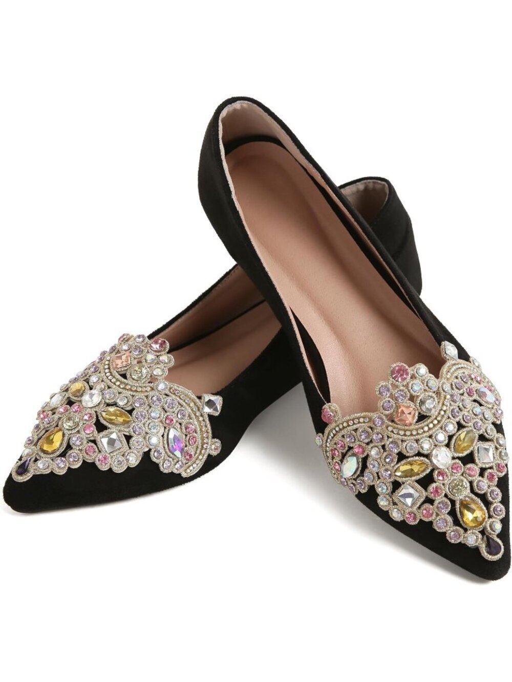 Women's Black 1 Slip On Low Heel Bling Rhinestone Flats Pointed Comfort Shoes
